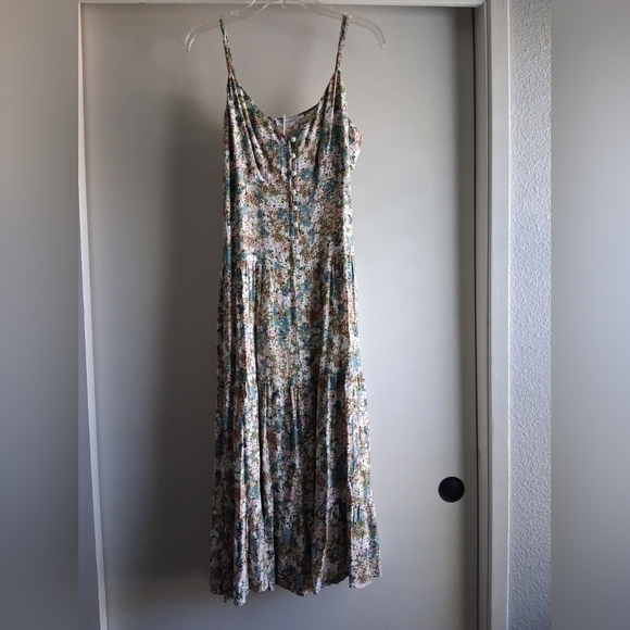 Ditsy Floral Faux Pearl Button Front Tiered Midi Dress Adjustable Straps L - Picture 3 of 8